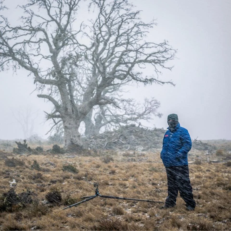 Ben standing beside a camera tripod on open moorland in falling snow, with a large bare, wind-shaped tree behind him.