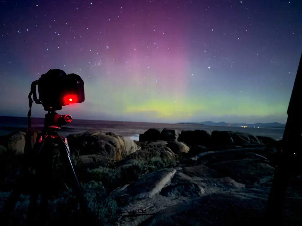 A camera on a tripod with its indicator light glowing red, set up on a rocky coastline photographing a purple and green aurora australis over the ocean at night.